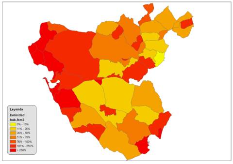 Population density of the province of Cádiz 2008