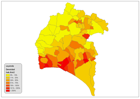 Densidad de población en la provincia de Huelva 2008