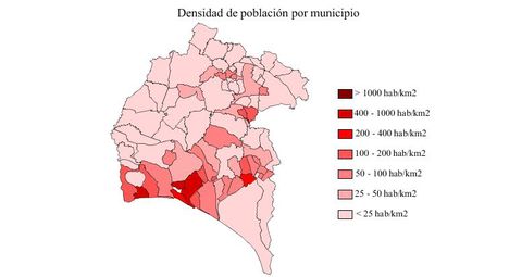 Densidad de población en la provincia de Huelva 2007