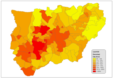 Population density of the province of Jaén 2008