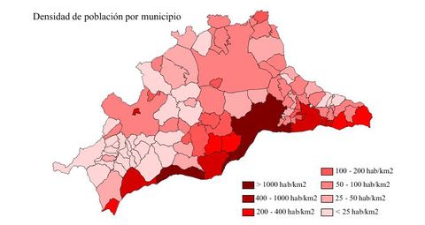 Population density of the province of Málaga 2007