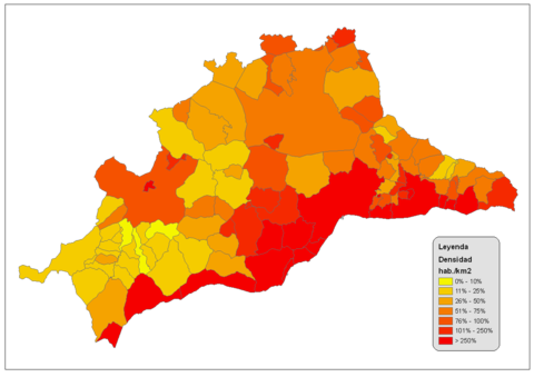 Population density of the province of Málaga 2008