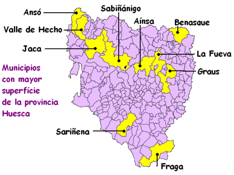 Main municipalities by extension in the province of Huesca