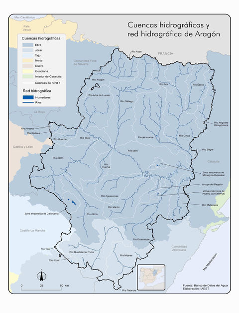 Drainage basins and hydrographic network of Aragon