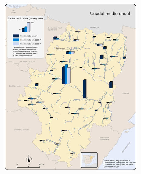 Mean annual discharge of major rivers in Aragon