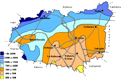 Mean annual rainfall in the province of León