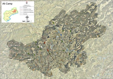 Mapa satelital con carreteras de la comarca de Alt Camp