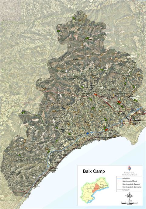 Mapa satelital con carreteras de la comarca de Baix Camp