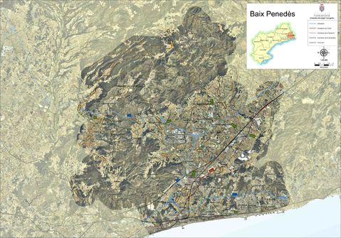 Mapa satelital con carreteras de la comarca de Baix Penedès