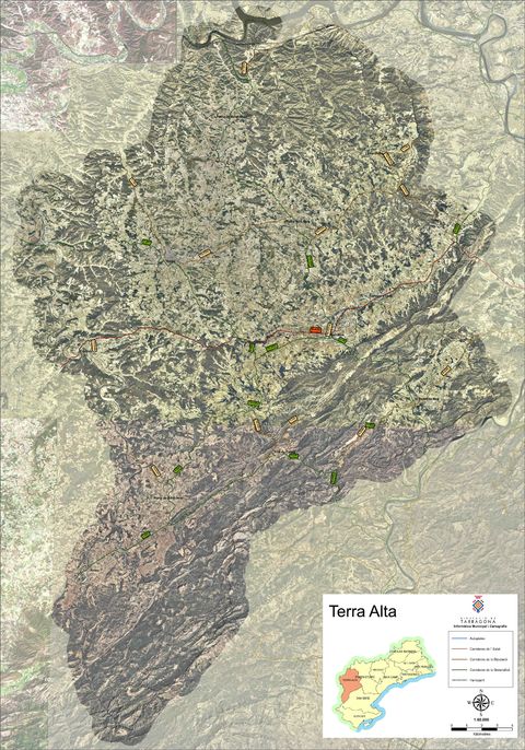 Satellite and road map of the comarca of Terra Alta