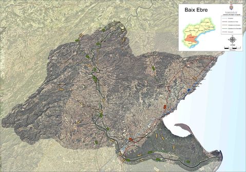 Satellite and road map of the comarca of Baix Ebre