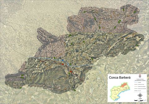 Satellite and road map of the comarca of Conca de Barberà