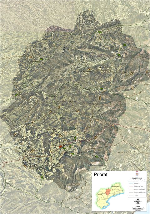 Mapa satelital con carreteras de la comarca de Priorat