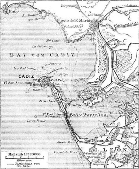 Map of the Bay of Cadiz in 1888