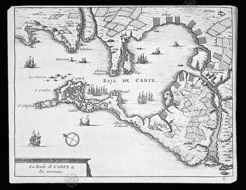 Bahía de Cadiz y alrededores con los caminos 1715