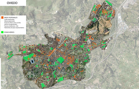 Pedestrian areas and green spaces in Oviedo