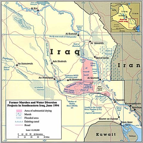 Antiguas marismas y proyectos de desvío del agua en el sureste de Irak 1994