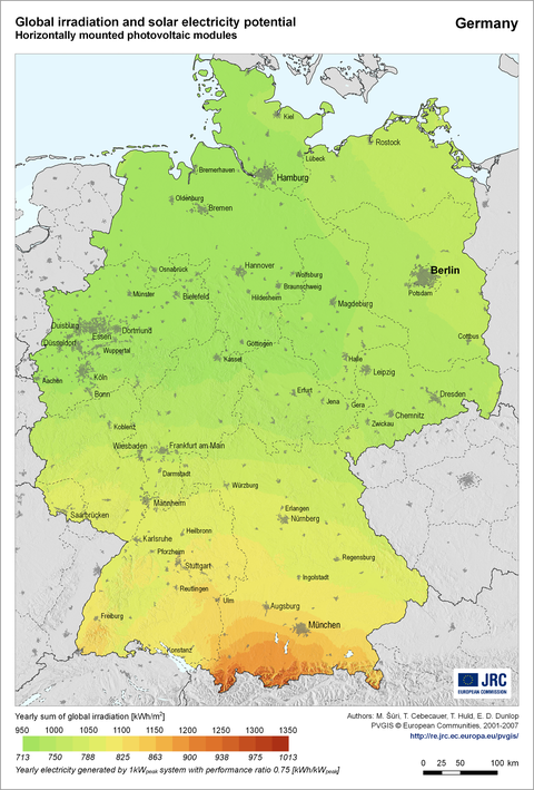 Radiación global y potencial de energía solar en Alemania