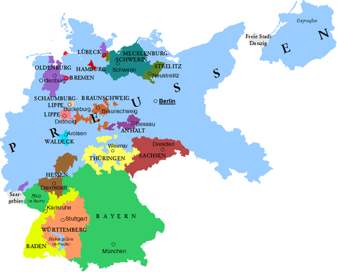 The states of the Weimar Republic and their capitals in 1925