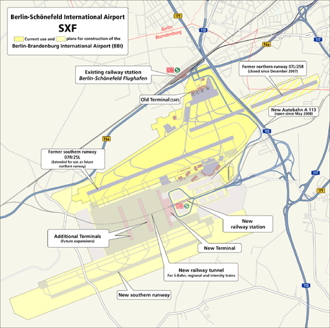 Aeropuerto Internacional previsto de Berlín-Brandenburg y el aeropuerto existente de Schönefeld 2008