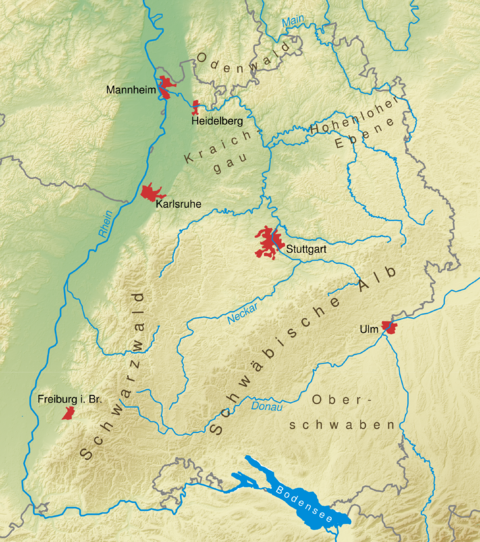 Mapa físico de Baden-Wurtemberg 2008