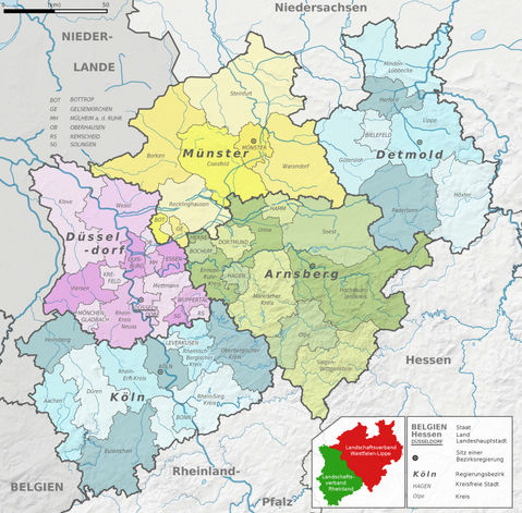 Political-physical map of North Rhine-Westphalia 2009