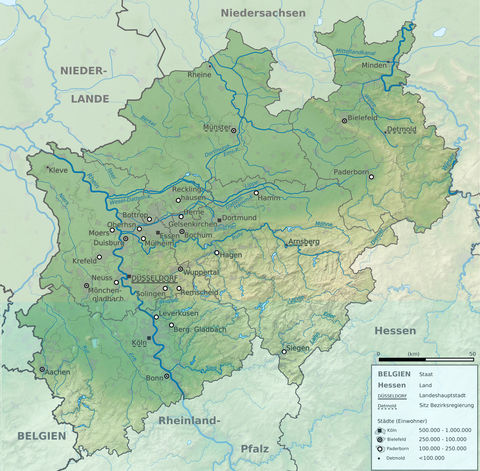 Mapa físico de Renania del Norte-Westfalia 2009