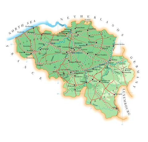 Physical map of Belgium