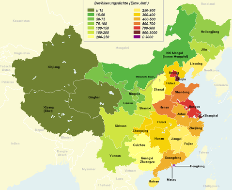 Densidad de población de las provincias chinas 2006