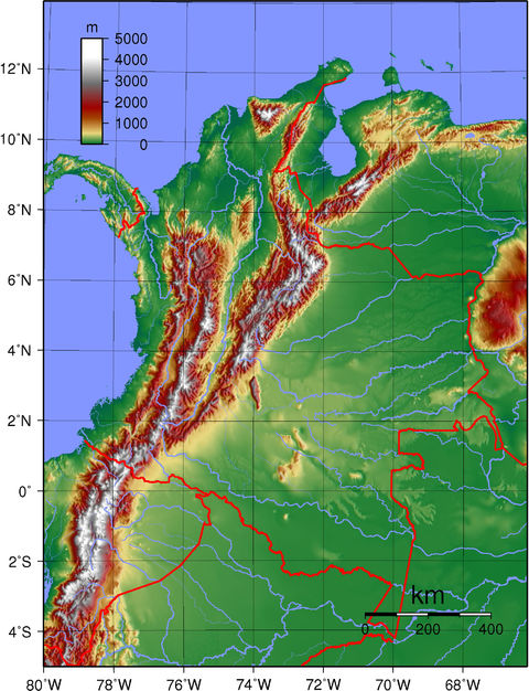 Mapa topográfico de Colombia