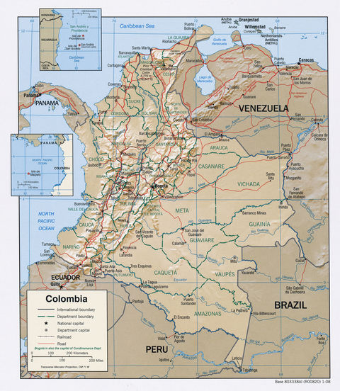 Colombia physical map 2008