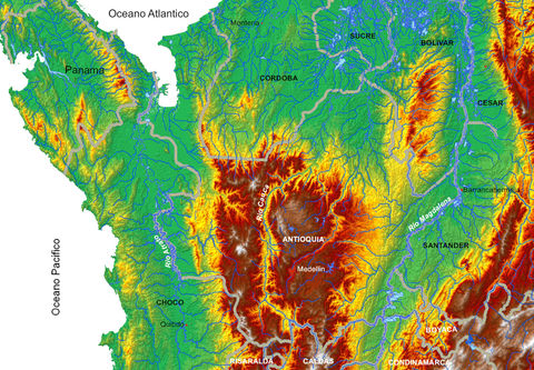 Mapa físico de Antioquia