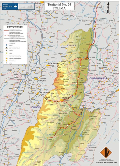 Mapa del carreteras de Tolima