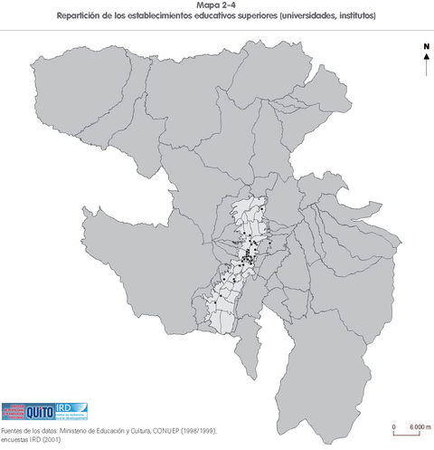 Establecimientos educativos superiores (universidades, institutos) en el Distrito Metropolitano de Quito 2001