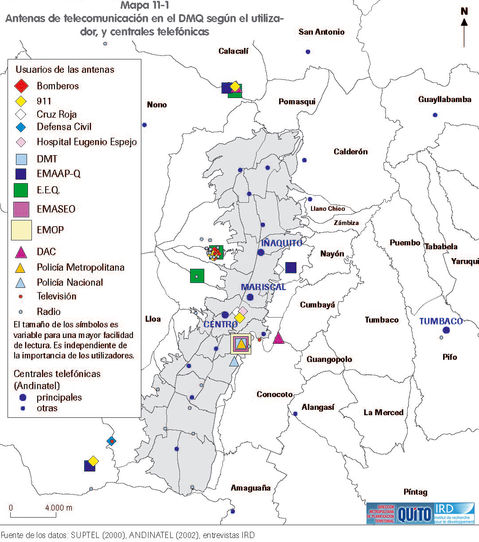 Telecommunication antennas and telephone exchanges in the Metropolitan District of Quito 2002