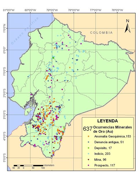 Gold occurrences in Ecuador