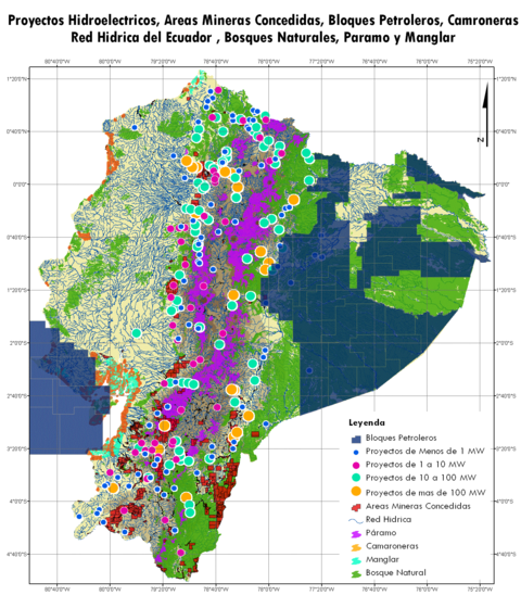 Proyectos hidroelectricos, areas mineras concedidas, bloques petroleros, camaroneras, red hidrica, bosques naturales, paramo y manglar del Ecuador