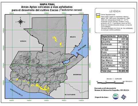 Areas suitable for growing Cacao in Guatemala