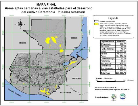 Areas suitable for growing Carambola in Guatemala