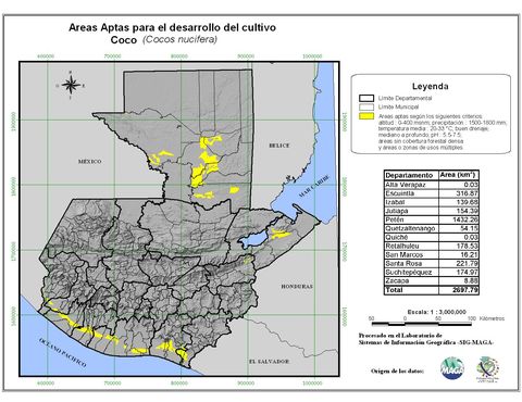 Areas suitable for growing Coconut in Guatemala