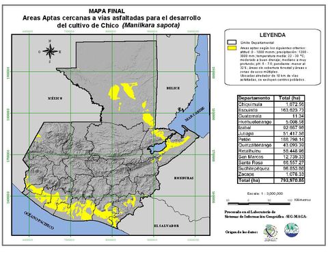 Areas suitable for growing Manilkara Zapota in Guatemala