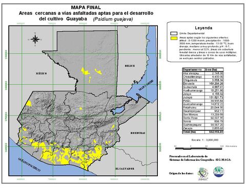 Áreas aptas para el cultivo del Guayaba en Guatemala