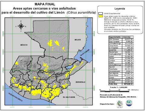 Areas suitable for growing Lemon in Guatemala