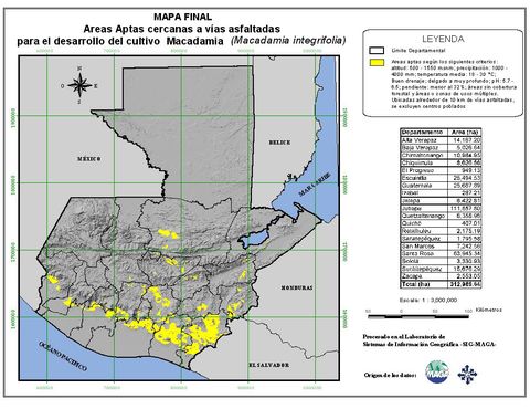 Áreas aptas para el cultivo de Macadamia en Guatemala