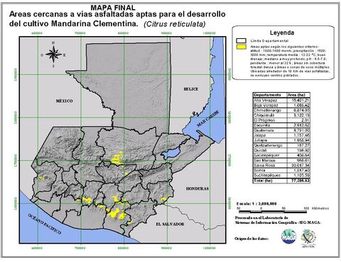 Areas suitable for growing Mandarin Orange in Guatemala