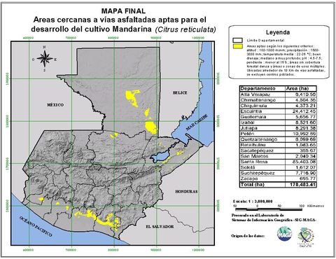 Areas suitable for growing mandarin in Guatemala