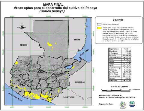 Áreas aptas para el cultivo de la Papaya en Guatemala