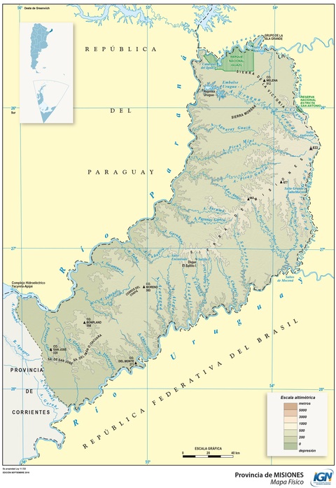 Mapa físico de la Provincia de Misiones, Argentina