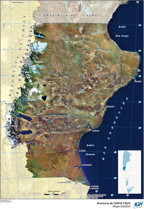 Mapa satelital de la Provincia de Santa Cruz, Argentina