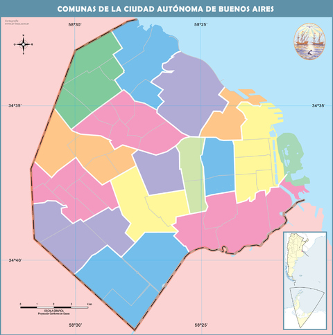 Mapa mudo a color de Buenos Aires por comunas